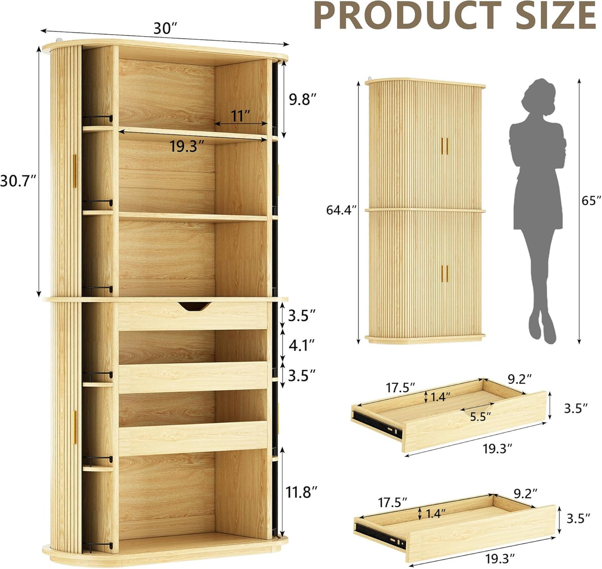 iPormis Kitchen Pantry with Sliding Doors, Tall Modern Curved Pantry Storage Cabinets with Drawer & Pull Out Shelves, 64" Freestanding Wood Cupboard for Kitchen Dining Room Living Room, Natural Brown
