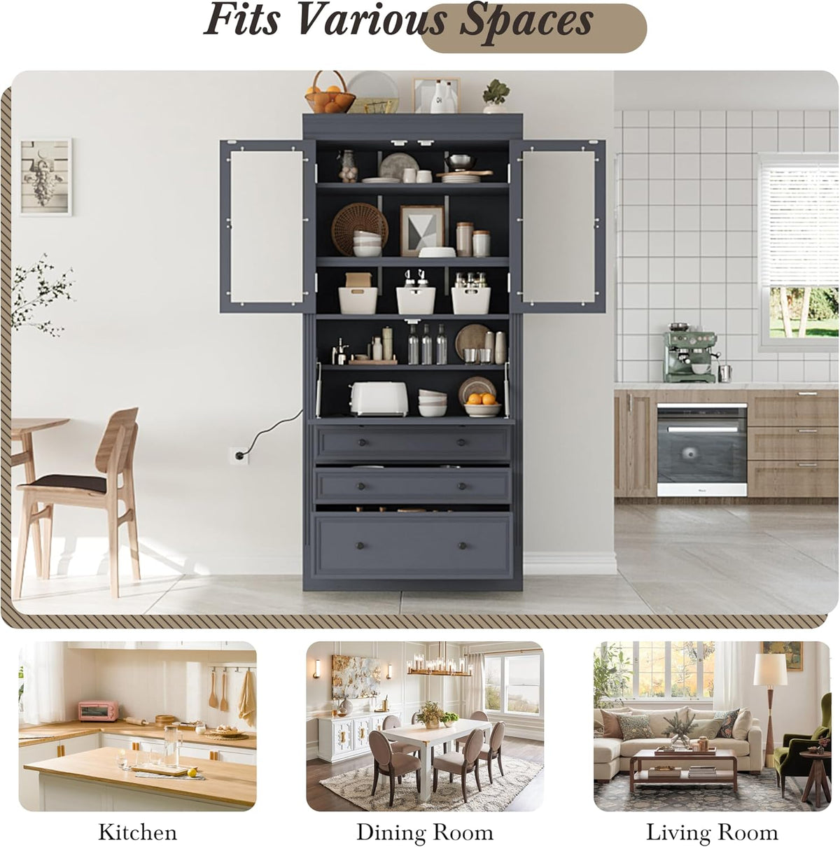 78" Tall Kitchen Pantry Cabinet with 3 Drawers, Large Wooden Kitchen Organizers Storage Cabinet Cupboard with Power Outlet and Adjustable Shelves for Dining Room, Living Room, Grey