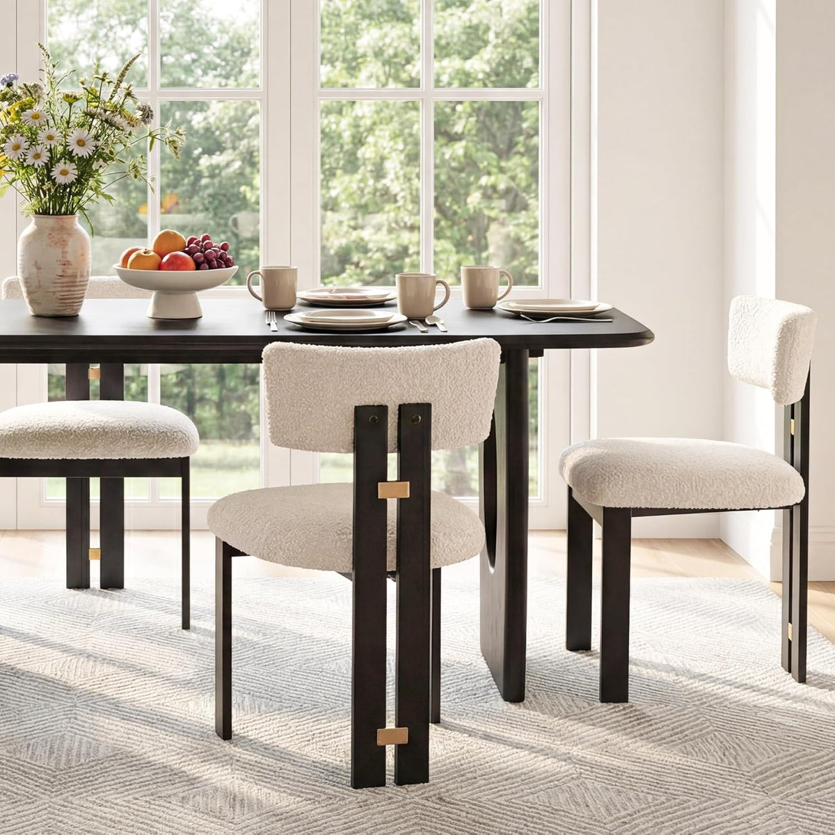 Morden Fort Boucle Dining Chair Set of 4, Upholstered Kitchen Chairs with Metal Frame & Curved Backrest, Mid Century Modern Armless Chair for Dining Room, Living Room, Apartments