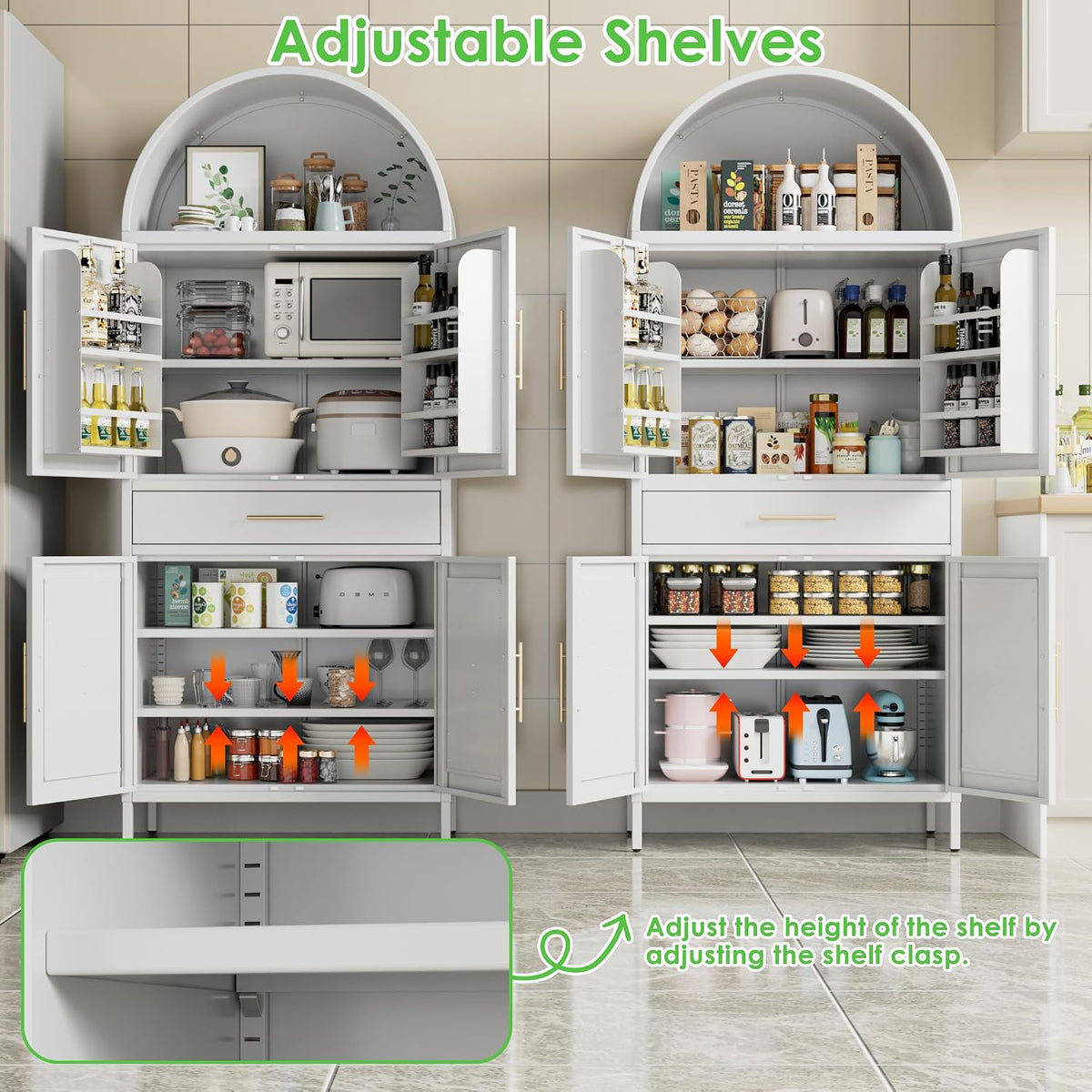 73”H Metal Arched Kitchen Pantry Cabinet with 1 Drawer, Farmhouse Pantry Cabinet with 4 Doors and 3 Adjustable Shelves for Kitchen, Dining Room, White
