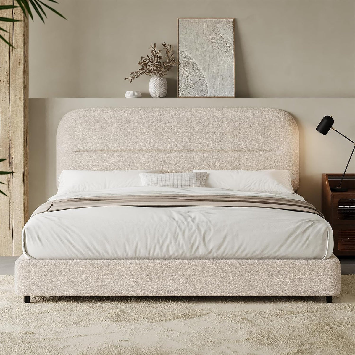 HOMBCK Queen Size Cloud Bed Frame, Beige Plush Boucle Upholstered Bed