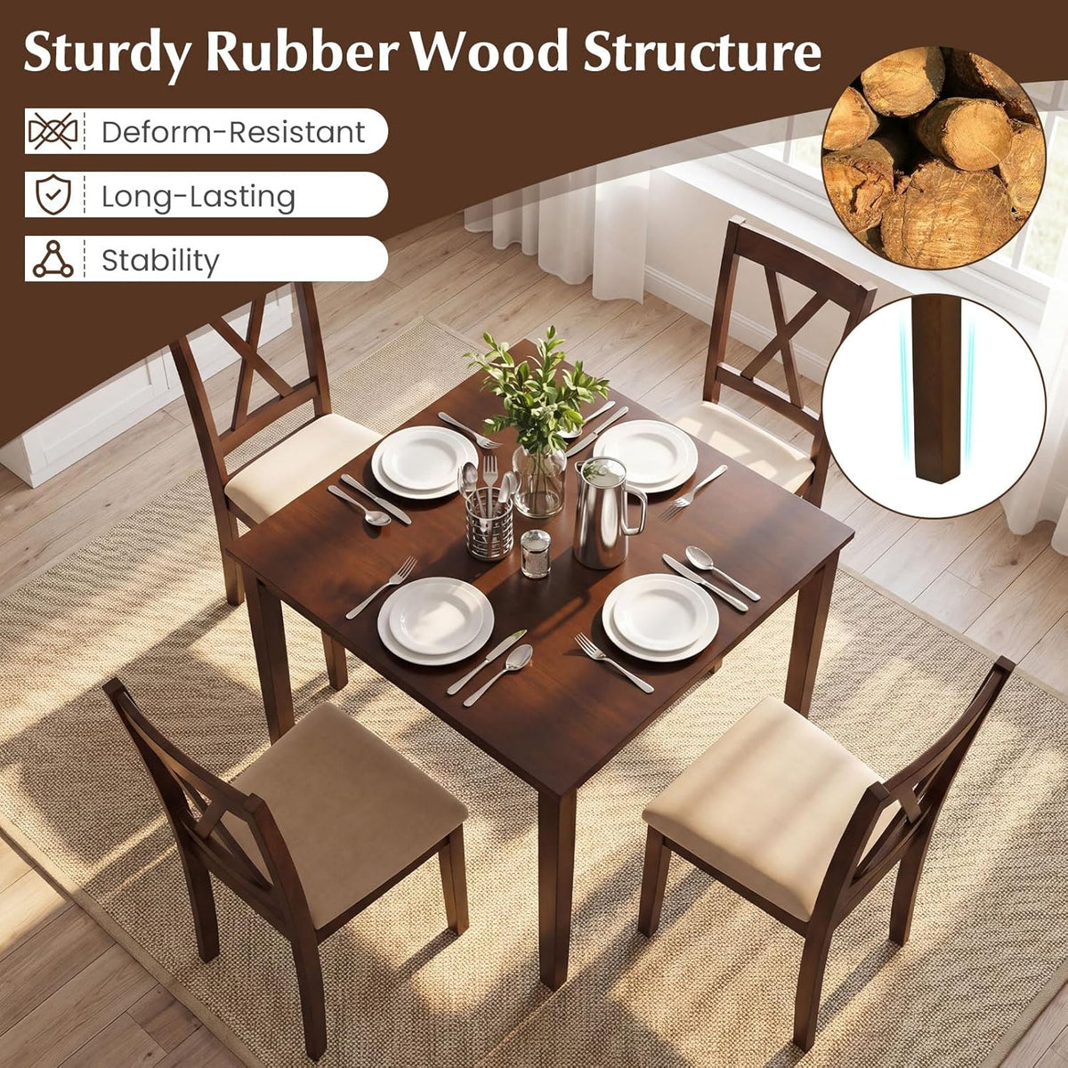 Giantex Dining Table for 4, 35.5" Square Kitchen Table with Solid Rubber Wood Legs, Wooden Dinner Table for Living Dining Room, Dinette, Home Office, Apartment, Walnut