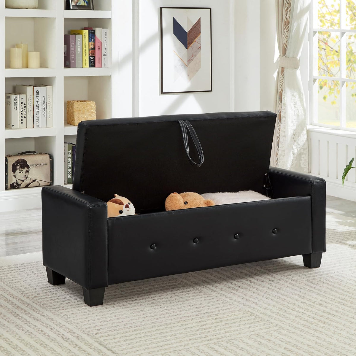 Betoko PU Leather Ottoman Bench with Storage,48" Mid Century Modern Storage Bed Bench for Bedroom,Button Tufted Ottoman Benches with Seating for Living Room,Entryway,Window (New PU Black)