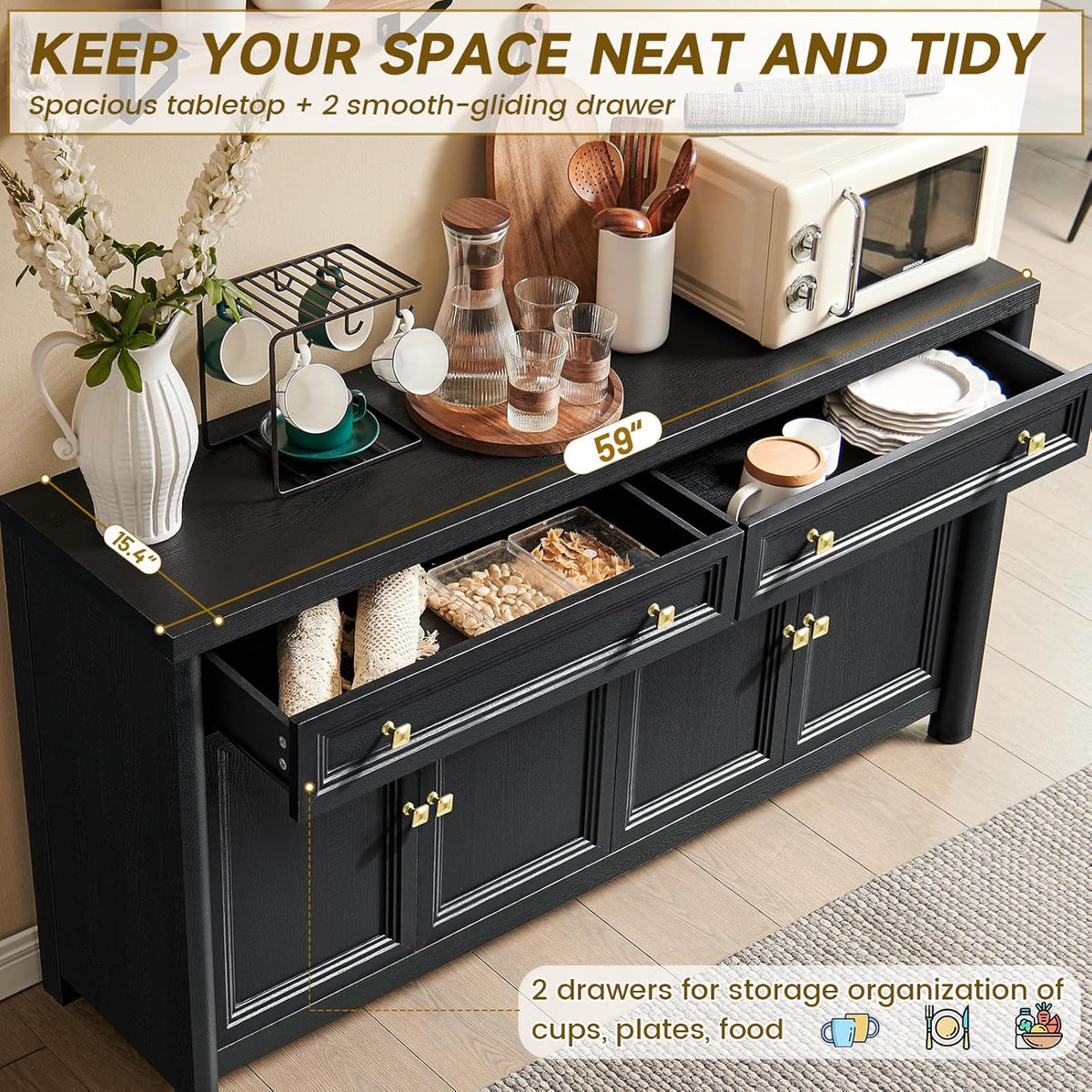 Standifurno Credenza Storage Cabinet with 4 Doors and 2 Drawers, 59" Large Sideboard Buffet Cabinet, 32.1'' Tall Wood Buffet Table Coffee Bar Console Cabinets for Living Dining Room, Black