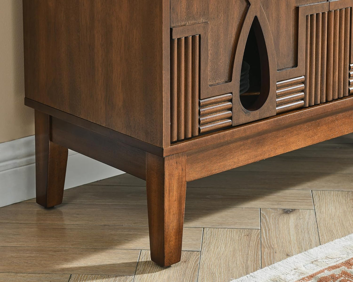 LKTART 60" Mid Century Modern Sideboard Buffet with Hollow Carved Doors and Outlet Holes,Vintage Accent Cabinet Credenzas Storage Cabinet Walnut