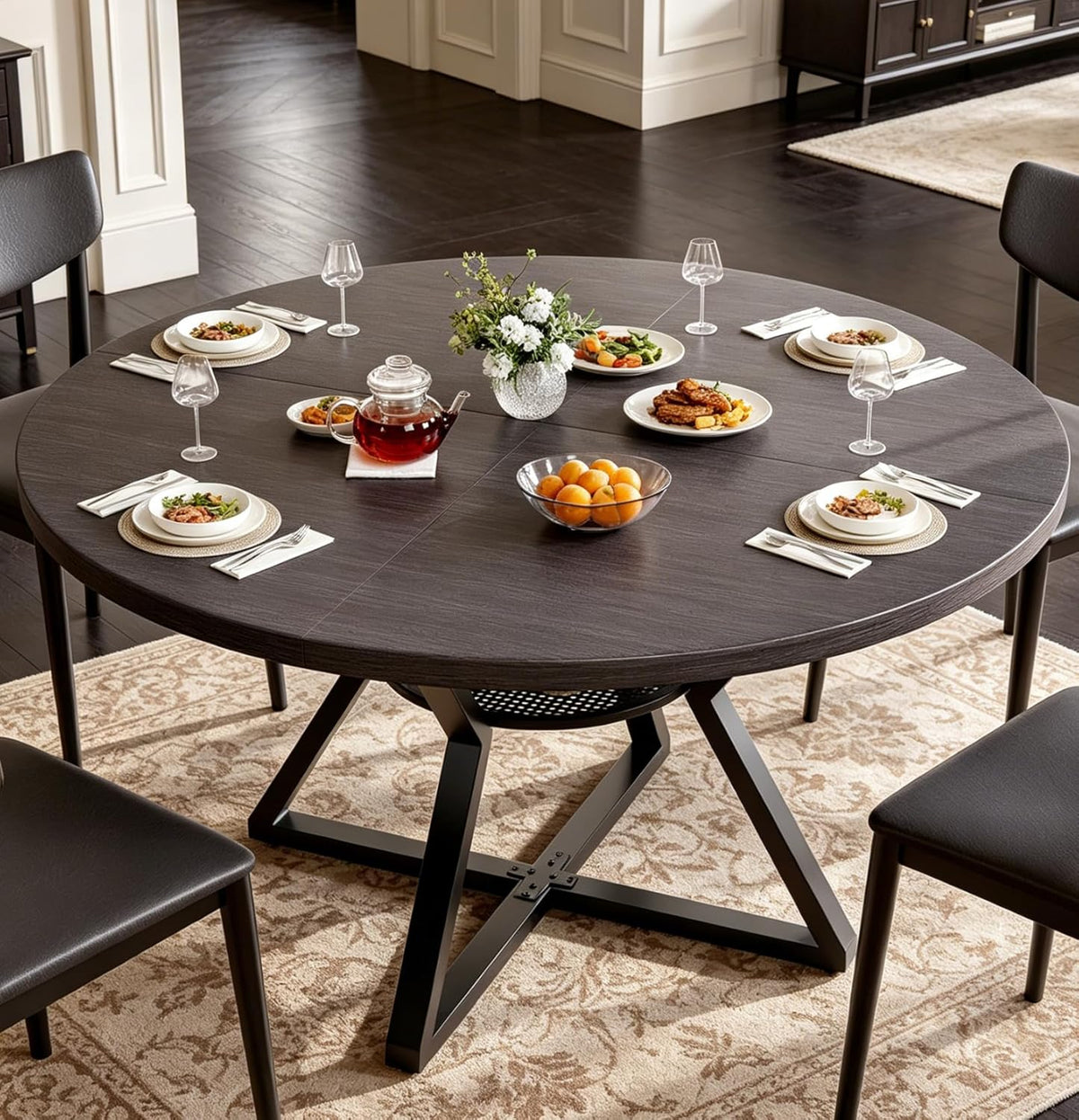 Concho 55" Round Dining Room Table for 6-8,Circle Kitchen Dining Dinner Table with Pedestal Metal Frame,Space Saving Wood Kitchen & Dining Room Furniture, Deep Grey