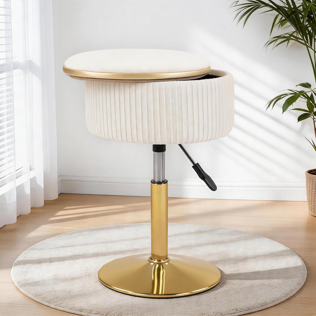 LITZFUR Adjustable Vanity Stool with Storage, 360° Swivel Gold Chair, Velvet Small Round Ottoman Footrest for Bathroom, Makeup Room, Beige