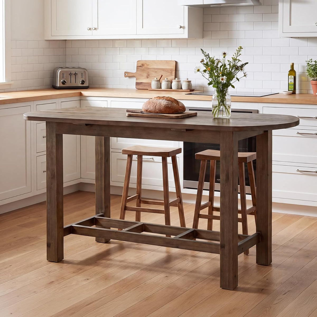 63" Solid Wood Kitchen Island, Island Table with Oval Tabletop | Farmhouse Wooden Stationary Island Table for Kitchen, Living Room, Dining Room, Easy Assembly, 39.37" Height, Vintage Brown