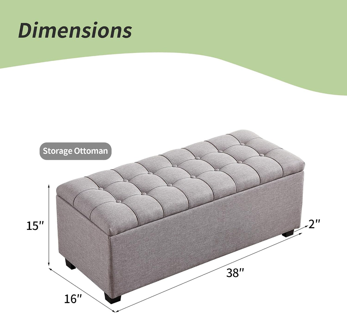 38-inch Grey Fabric Storage Ottoman Bench with Hinged Lid - Long End of Bed Bench for Bedroom, Living Room & Entryway, Footrest Seat Trunk