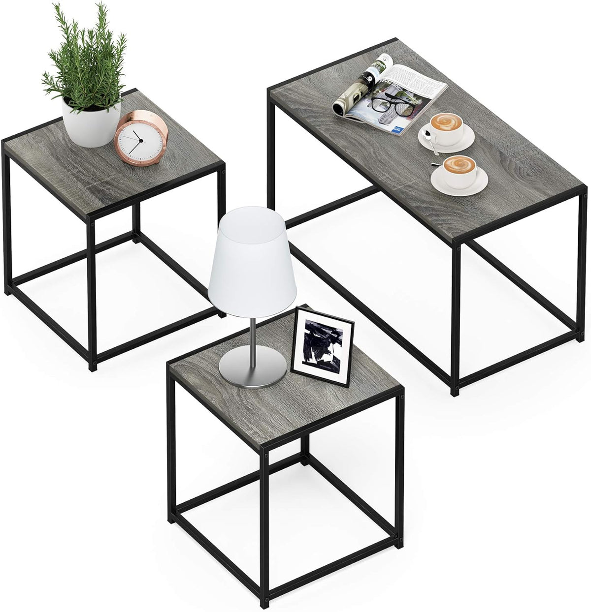 Furinno CAMNUS Metal Frame Living Room Table Set, French Oak Grey | Easy Assembly, Modern Coffee Table and Side Tables Set, End Table, for Couch, for Living Room, Bedroom, Home Office