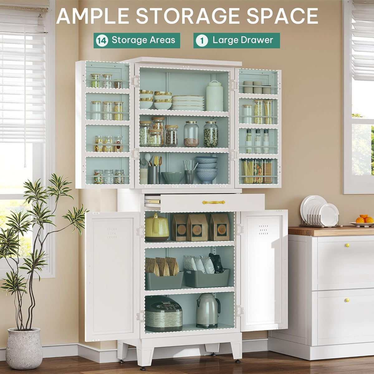 YITAHOME 71" Metal Kitchen Pantry Cabinet with 4 Door & 4 Adjustable Shelves, Storage Cabinet with 1 Drawer & 8 Door Racks, Tall Freestanding Food Steel Cupboard for Kitchen, Dining Room, White