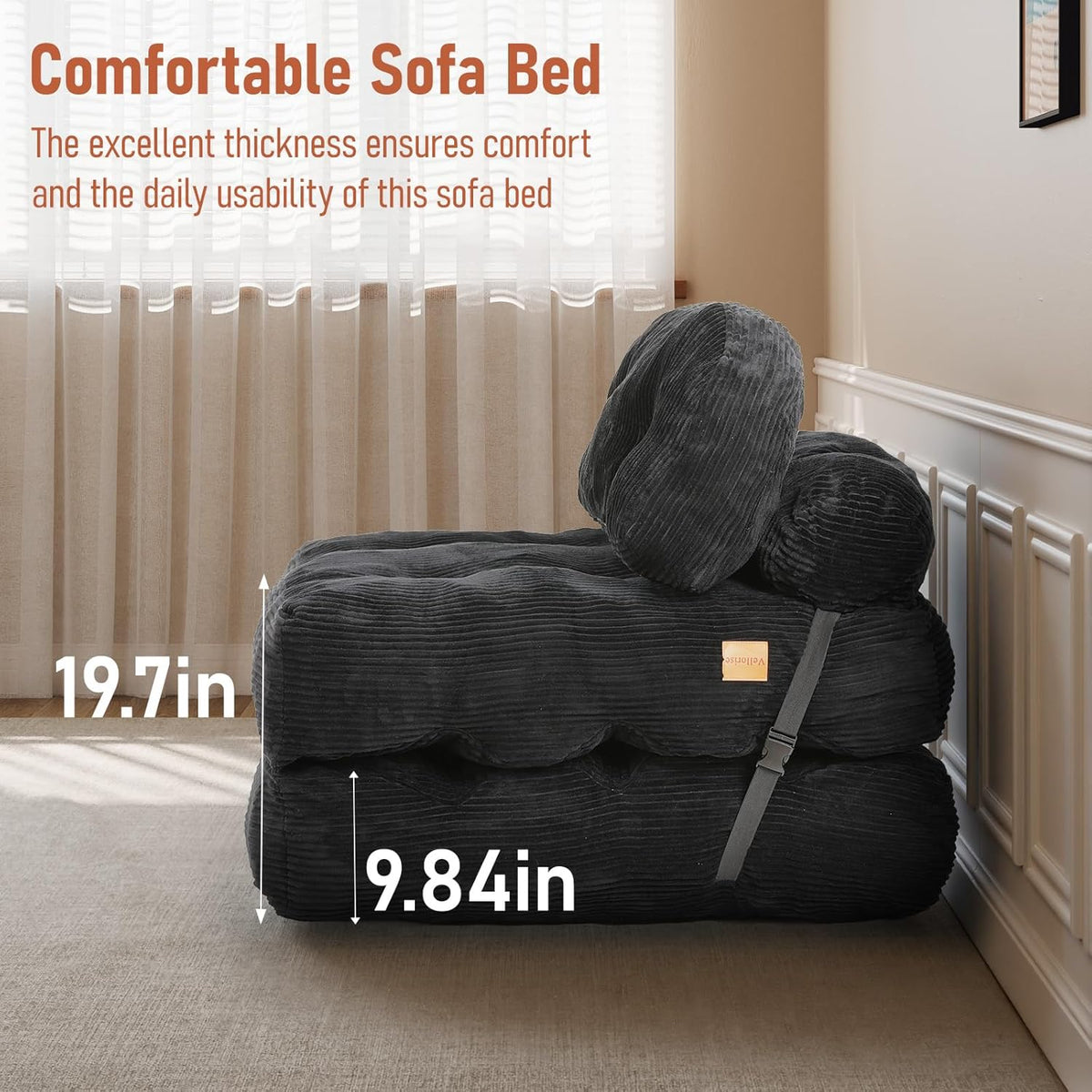 Folding Sofa Bed, Convertible Sleeper Chair with Back Support and Pillow | Foldable Couch for Living Room/Guest Use/Home Office, Foldable Chair Bed for Adults, Dark Gray