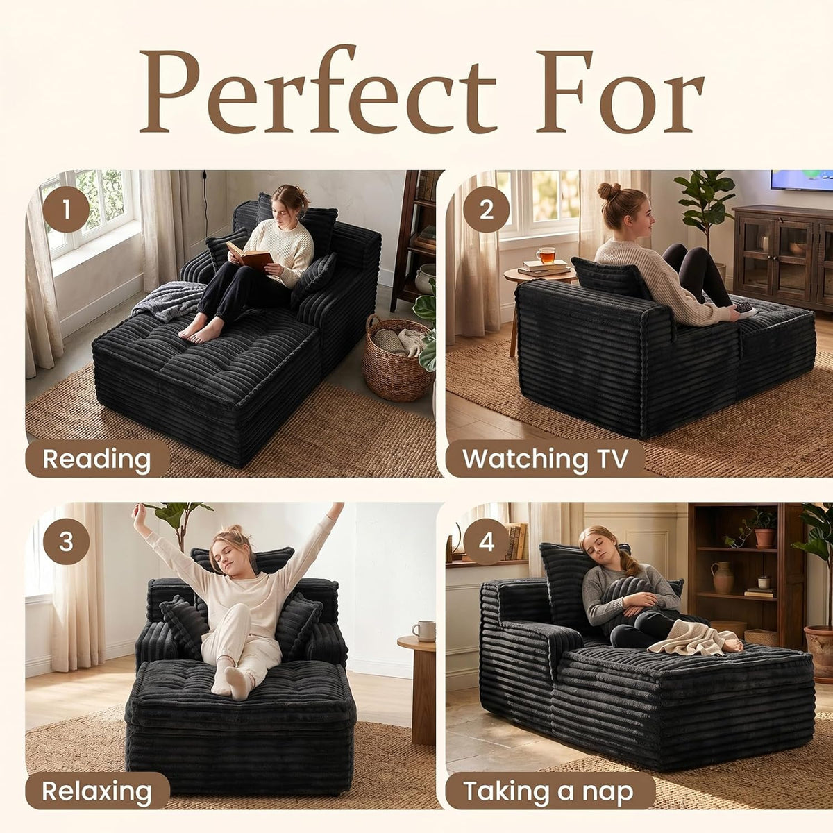 Chaise Lounge Couch Indoor, Small Corduroy Upholstered Sleeper Sofa Bed Reading Chairs with 3 Pillows, Fluffy Comfy Cloud Sofas Couches, Compression Sofa for Small Corner