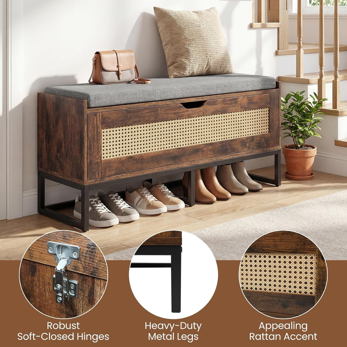 Giantex Rattan Shoe Bench, Flip-Top Entryway Bench with Removable Padded Seat & Hidden Storage, Wooden Shoe Storage Chest with Metal Legs for Bedroom, Hallway, 440 lbs Max Load (Rustic Brown & Black)
