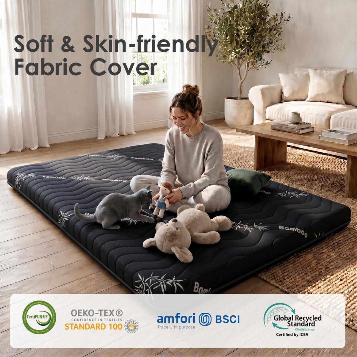 Japanese Floor Futon Mattress, 3.5" Thick Viscose Derived from Bamboo, Twin | Breathable Foldable Futon Mattress Tatami Mat, 100% High Density Foam, Roll Up Floor Bed for Guest Room Bedroom RV, Black