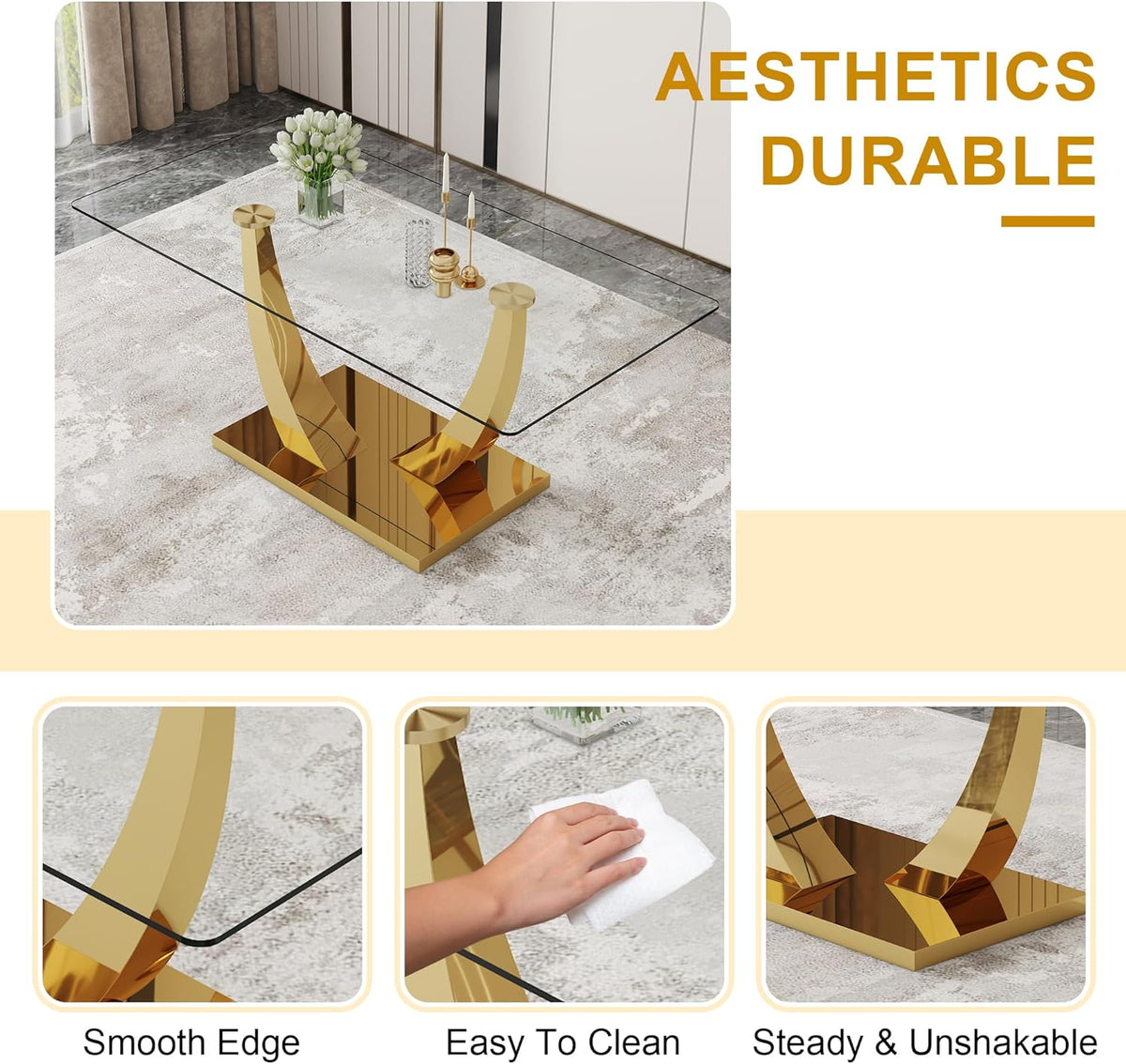 Glass Dining Table Set for 6, Modern Kitchen Table Set for 6, 71" Tempered Glass Tabletop with U-Shaped Gold Base, 7 Ppiece Large Dining Room Table Set with White PU Leather Chairs