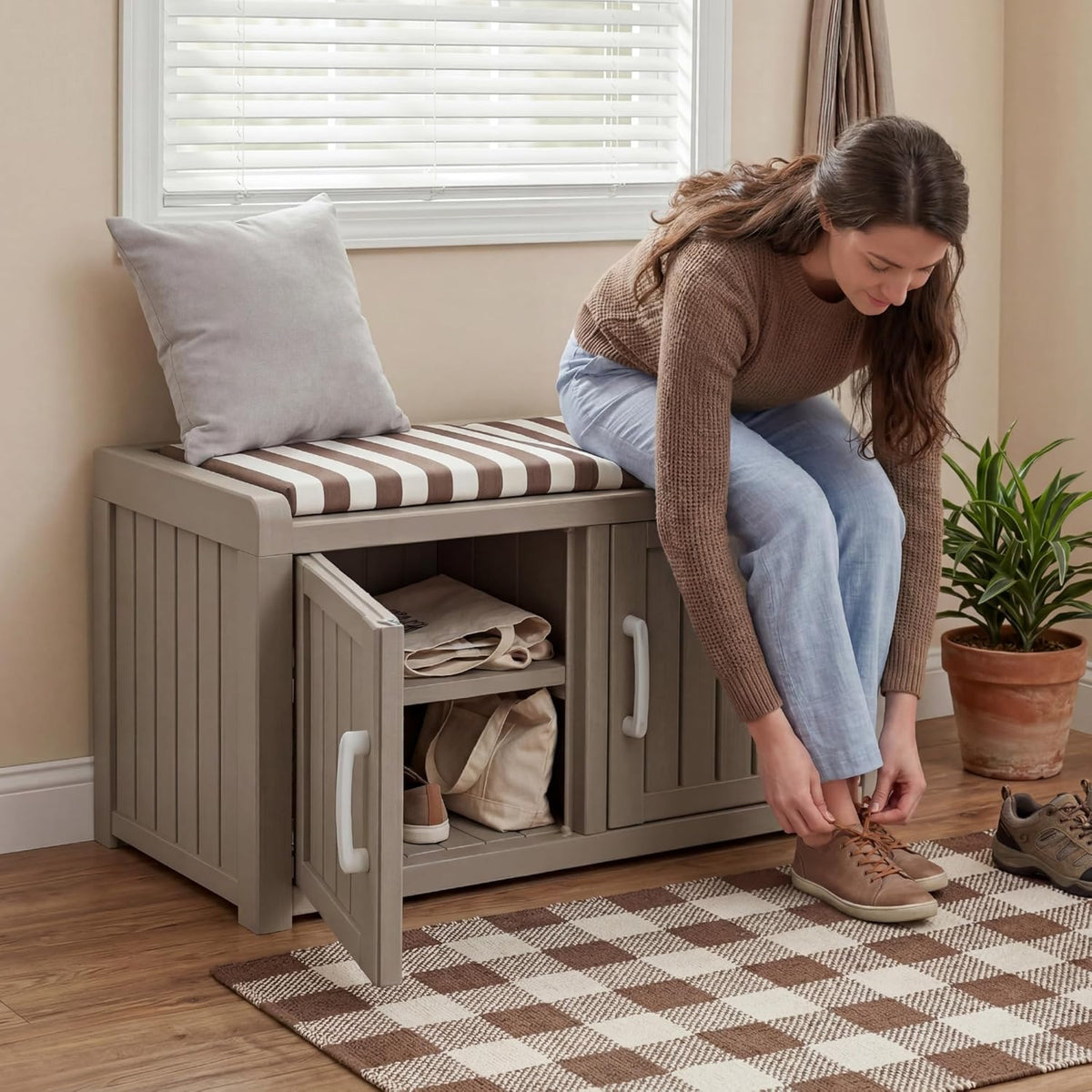 2-Tier Storage Bench, Waterproof UV-Resistant Outdoor Shoe Storage Cabinet, Outdoor Shoe Rack with 2 Doors & Adjustable Shelves for Indoor Outdoor Entryway, Hallway, Living Room (Grey)