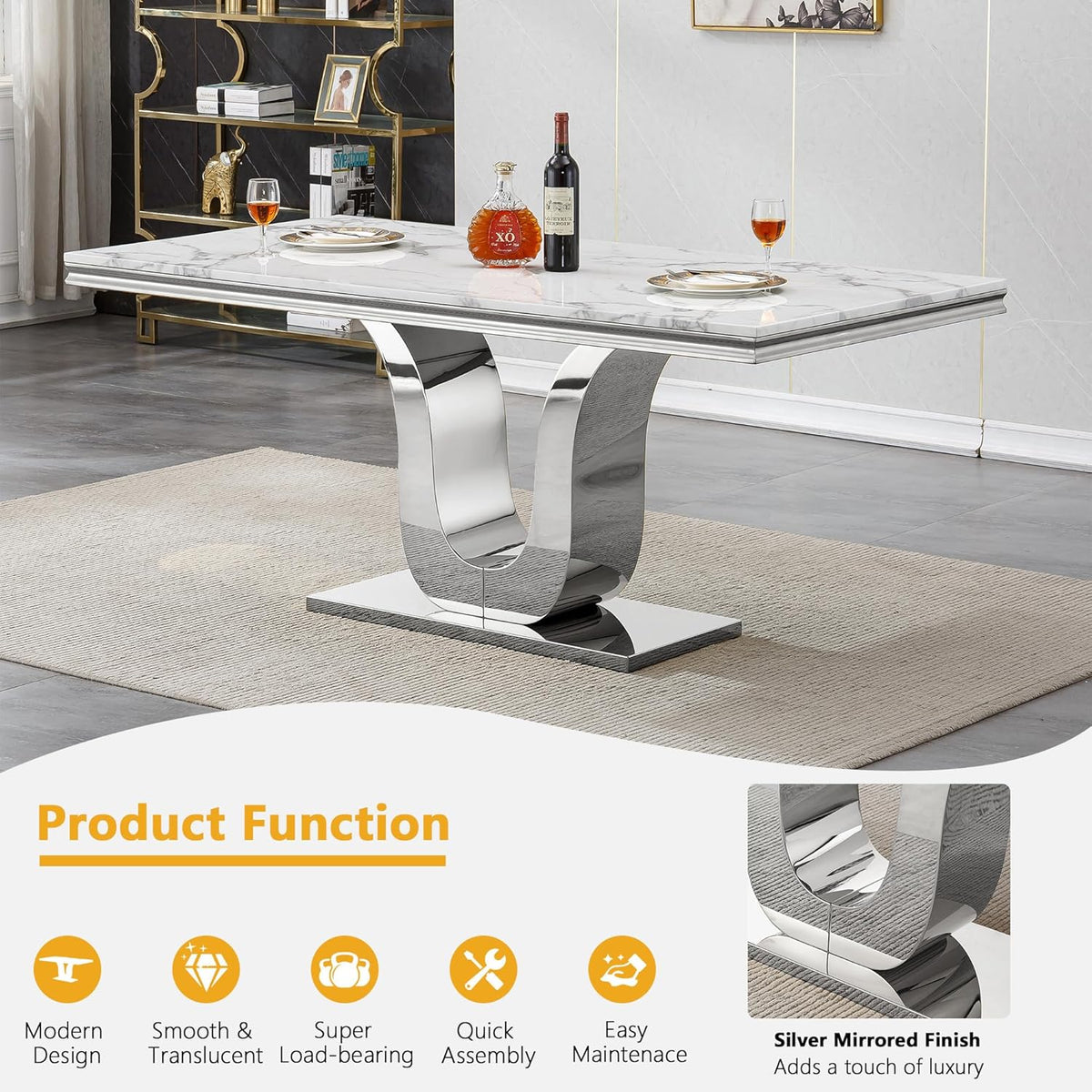 Faux Marble Dining Table for 4 to 6, 68 inch Luxury Dining Room Table with White Faux Marble Top & Silver Stainless Steel U Base, Modern Rectangle Dinner Table for Kitchen Living Dining Room Apartment