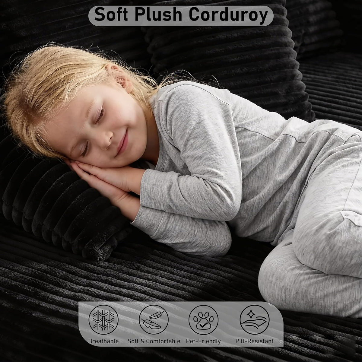 65'' Chaise Lounge Chair Indoor, Black Corduroy Sofa Bed, Lounge Chair, Oversized Sleeper Sofa, Black Corduroy Cloud Couch Reading Chair for Living Room No Assembly