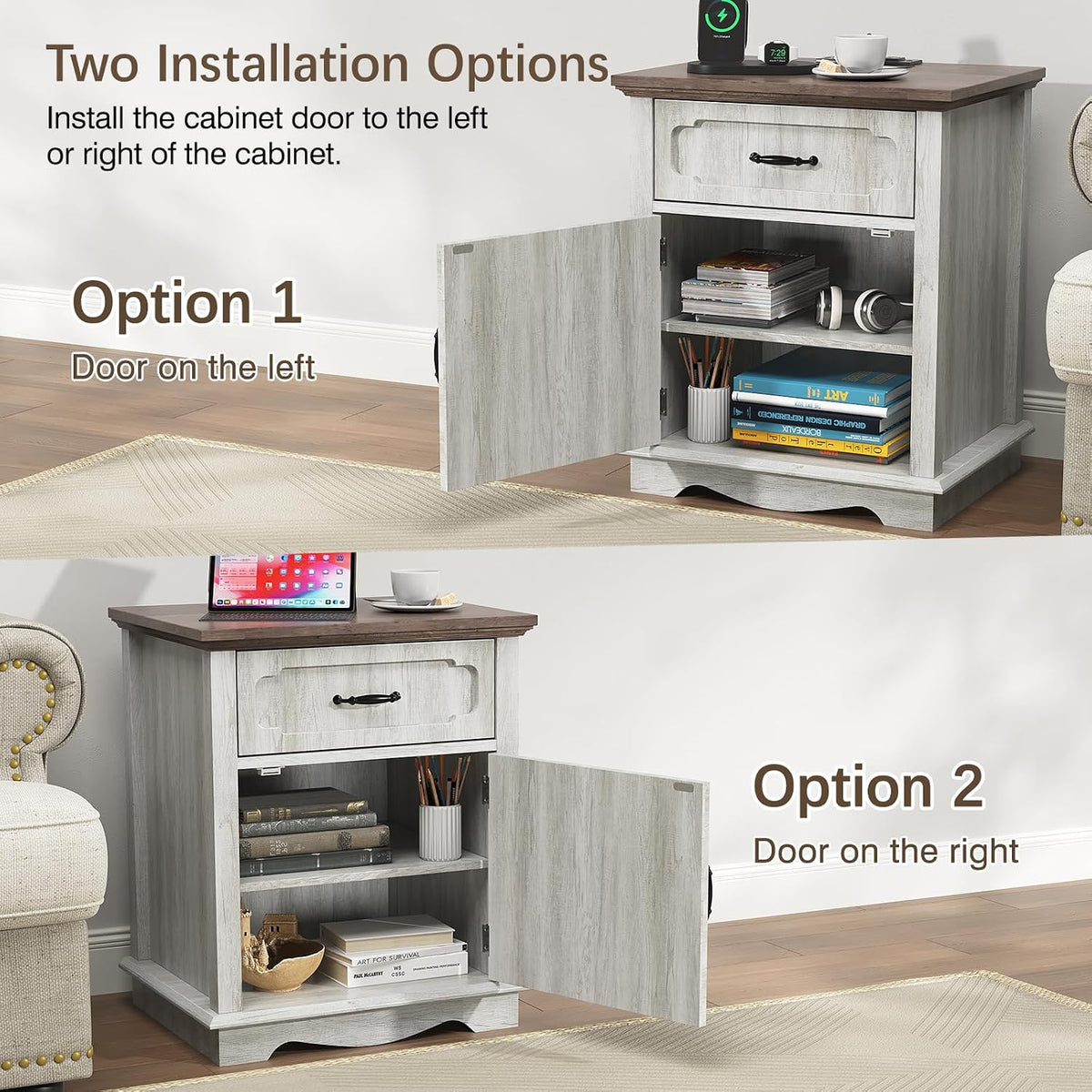 Halitaa Nightstands Set of 2 with Charging Station, White Oak | Bedside Table with Large Drawer, Side Table with Storage Cabinet and Adjustable Shelf, Farmhouse End Table for Bedroom