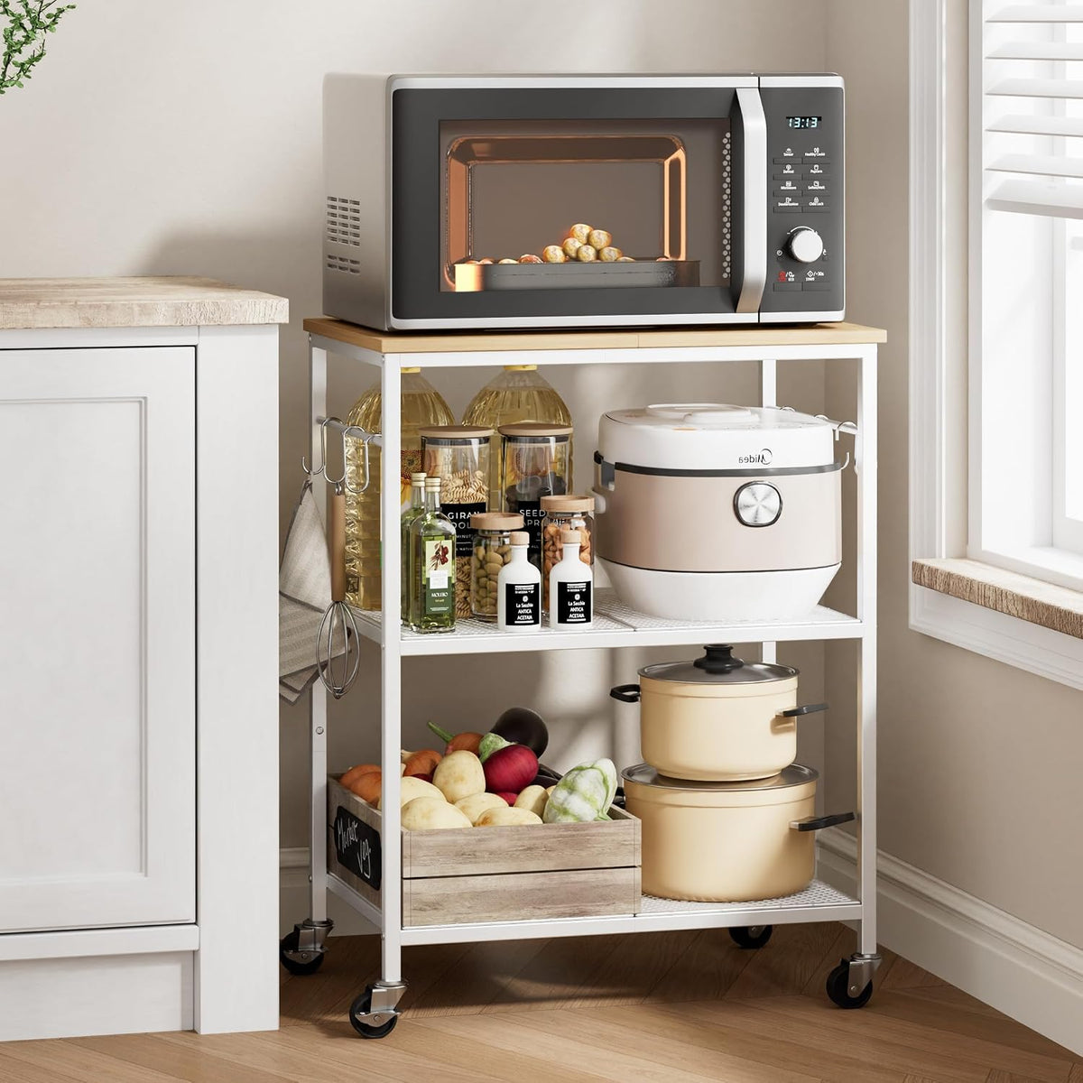 Homleke 3-Tier Rolling Kitchen Microwave Cart, Utility Cart | with Lockable Wheels Coffee Bar Table Station with 6 Hooks, Small Appliance Storage Shelf, White and Natural