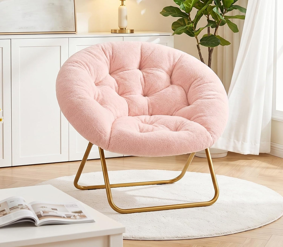Cozy Saucer Chair, Padded Round Moon Lounge Chair for Bedroom Living Room | Thick Padded Cushion, Curved Relaxing Shape and Easy Folding Frame for Lounging, Reading and Dorm