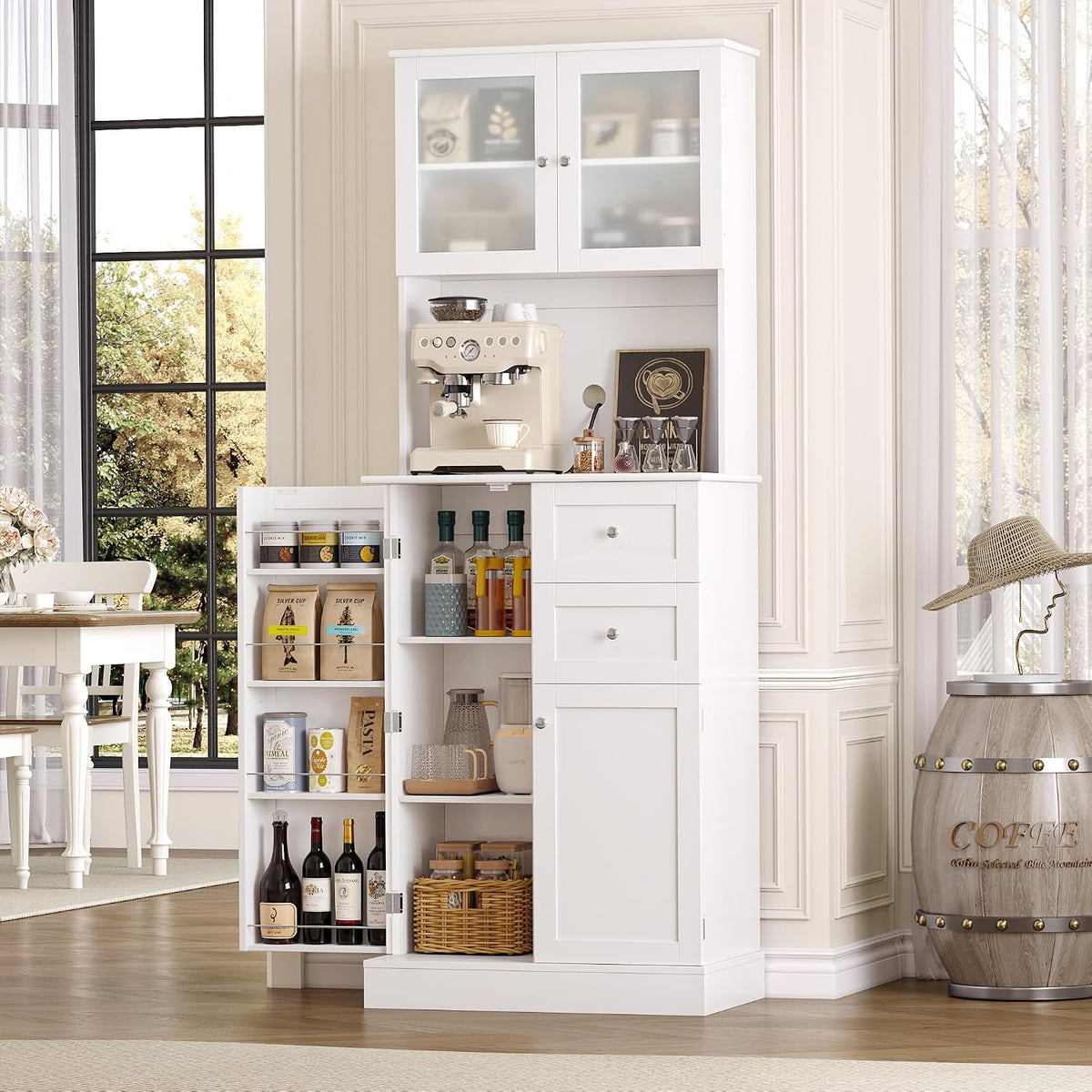BOTLOG 72" Tall Kitchen Pantry Storage Cabinet with 4-Tier Door Shelves | Kitchen Hutch Cabinet with 2 Drawers, Frosted Glass Door for Dining Room, Modern White, Space-saving, apartment, small room