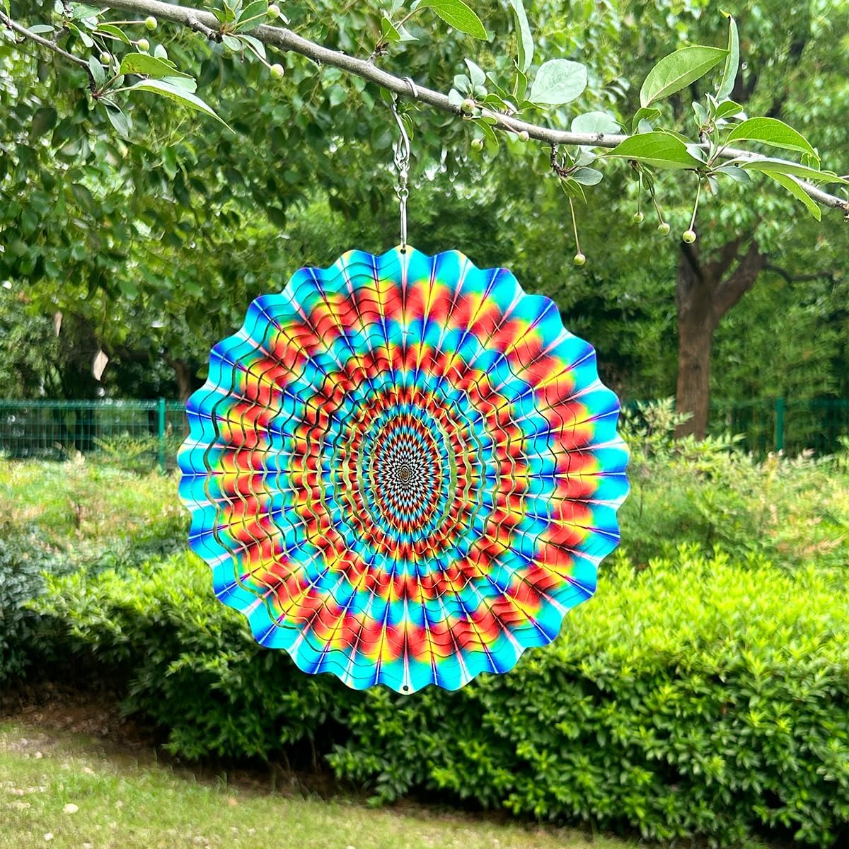3D Wind Spinner Rainbow Mandala Stainless Steel Metal Wind Spinner Kinetic Metal Art Multi-Color Geometric Pattern Hanging Ornament for Yard Garden Patio