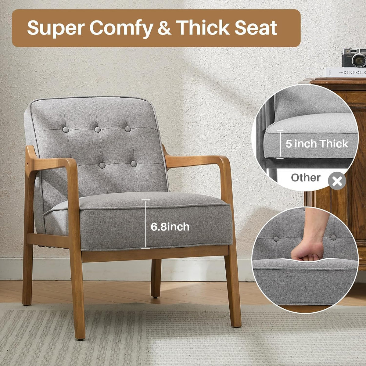 SOFTHION Linen Accent Chair Set of 2, Mid Century Modern Chair for Living Room, Upholstered Comfy Lounge Armchair with Solid Wood Frame, Reading Side Chair for Bedroom,105°Ergonomic Comfort, Grey
