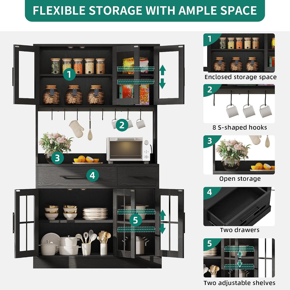 YITAHOME 71" Tall Kitchen Pantry Cabinet with Microwave Stand & Built-in Power Outlet, Buffet Cupboard with Acrylic Doors, Drawers and 8 Hanging Hooks for Kitchen, Dining Room, Living Room, Black Oak