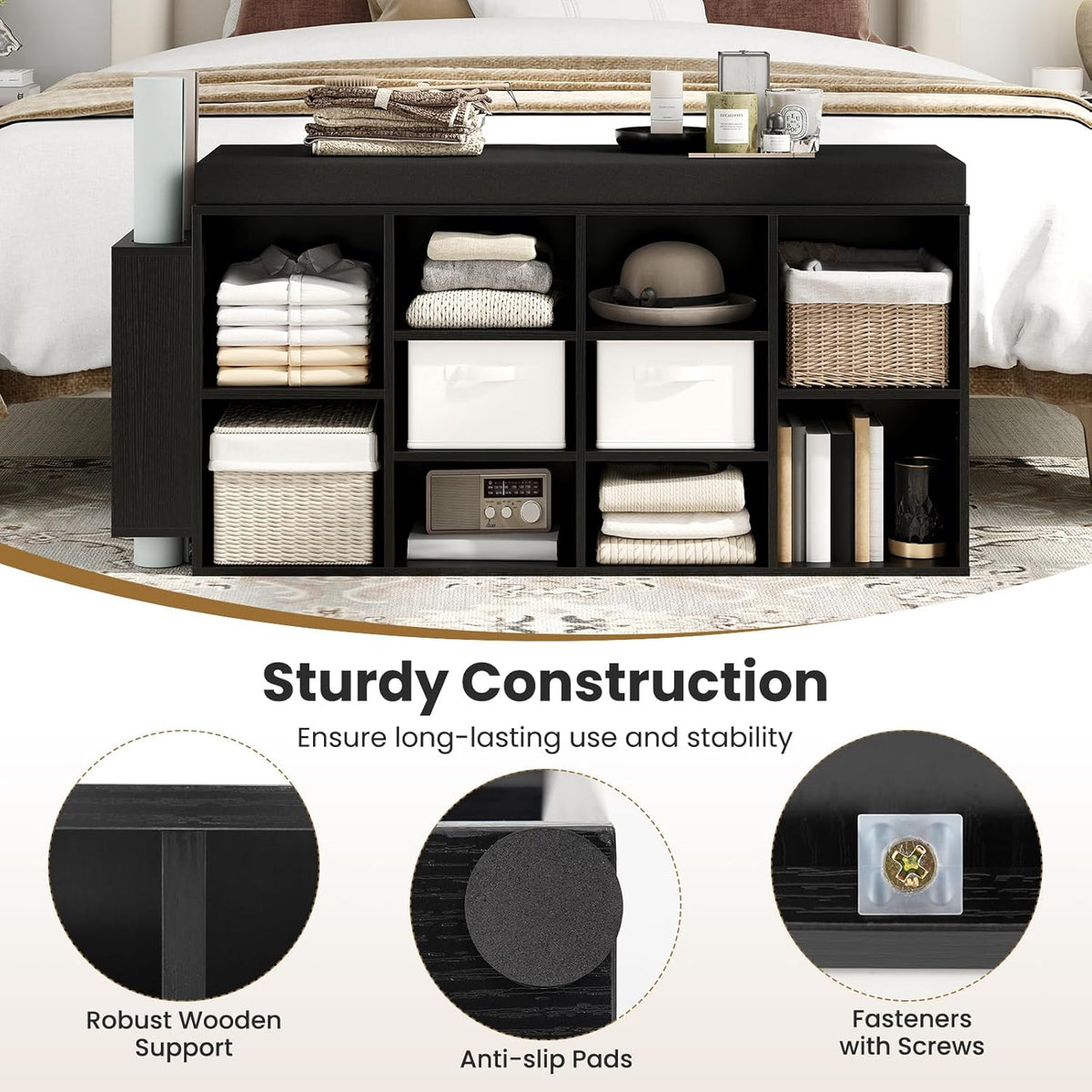 Giantex Shoe Storage Bench with Umbrella Stand, 10-Cubby Entryway Shoe Rack Organizer with Padded Seat, Adjustable & Removable Shelves for Hallway, Living Room & Bedroom (Black)