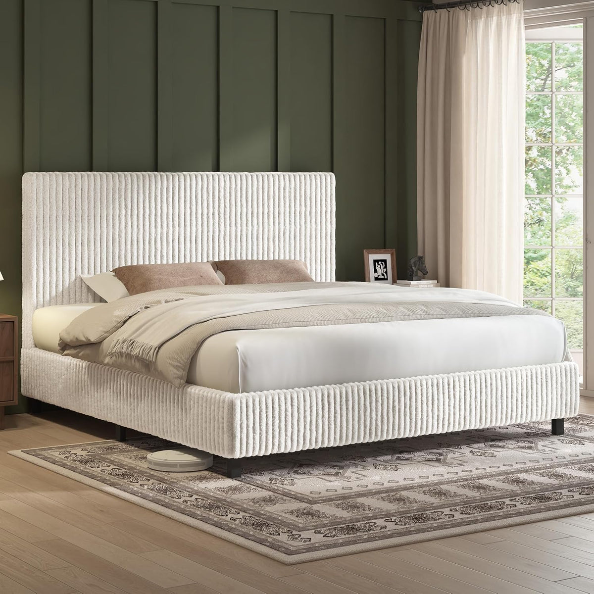 AMERLIFE Full Bed Frame, Upholstered Metal Platform Bed, Cream