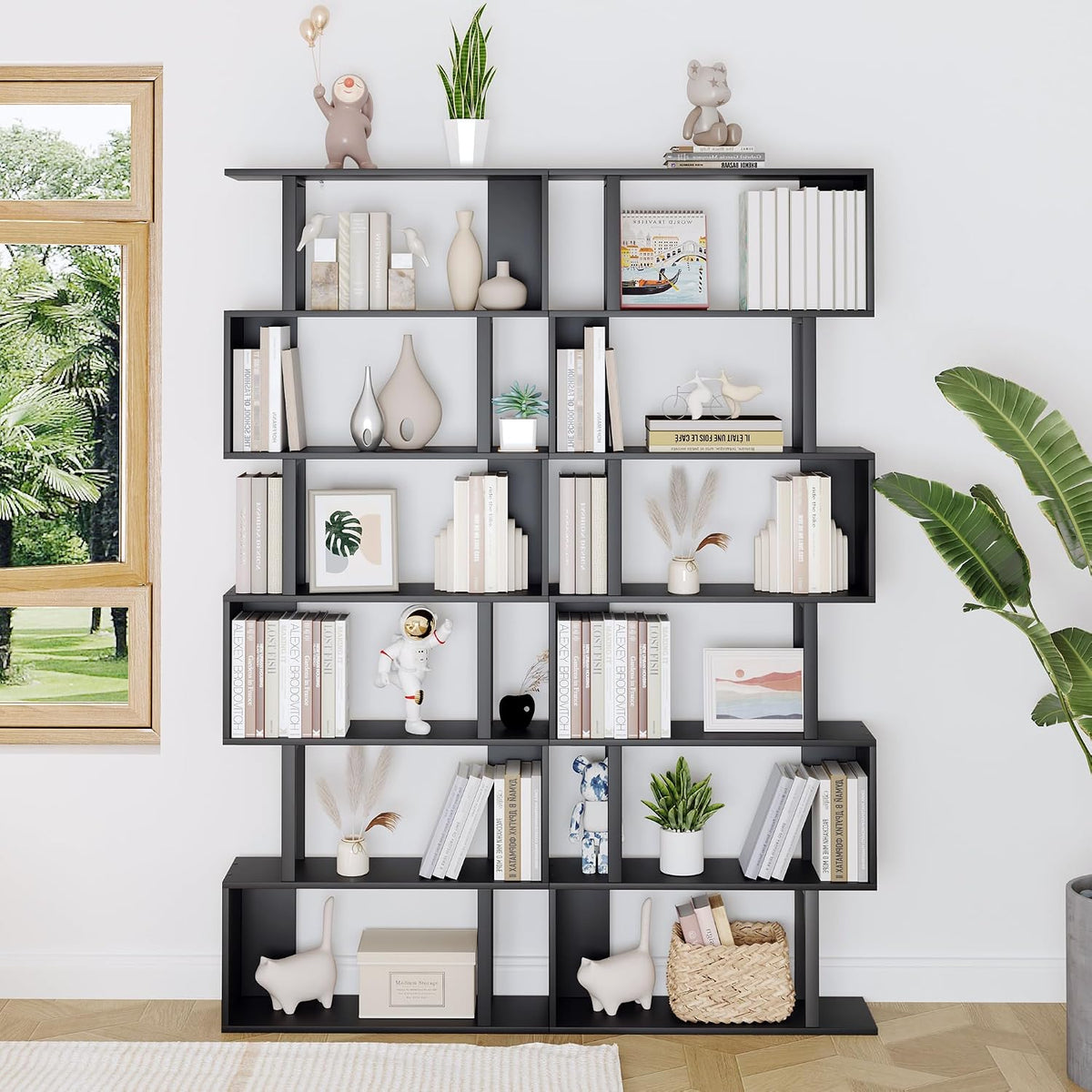 Yusong Geometric Bookcase, S Shaped Bookshelf 6-Tier Book Shelves for Bedroom, Modern Wood Decorative Display Shelf Tall Book Case for Home Office, Black and White
