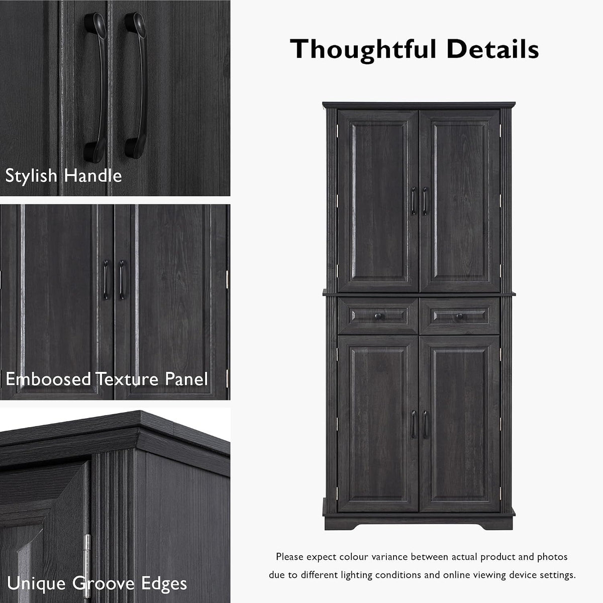 71" Tall Kitchen Pantry Cabinet with 3 Pull Out Cabinet Organizers, Farmhouse Embossed Texture Storage Cabine with 6 Door Shelves, 2 Drawers, Freestanding Cupboard for Kitchen, Dining Room (Black)