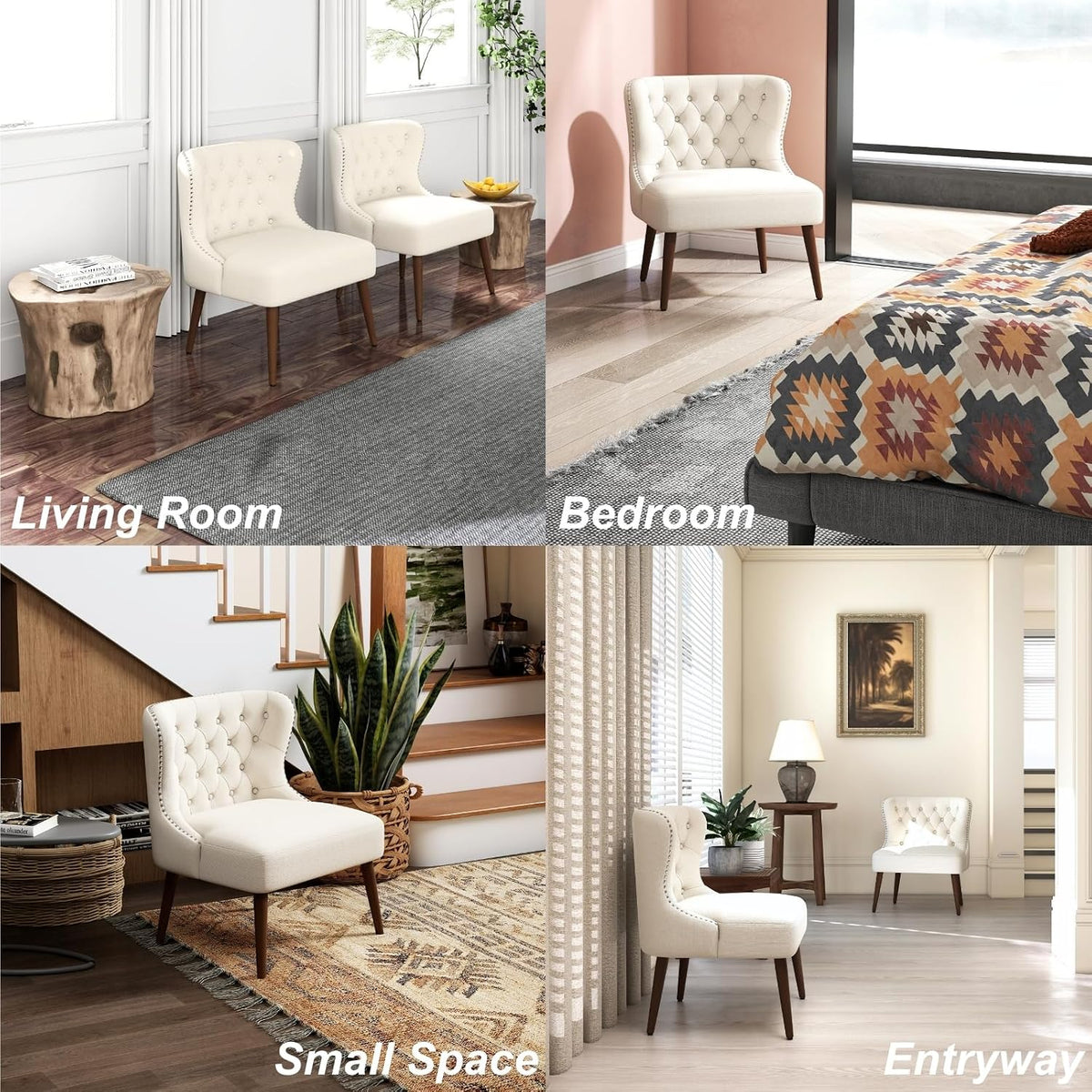 chairus Tufted Slipper Accent Chairs Set of 2, Linen Upholstered Armless Living Room Chairs with Nailhead Trim, Mid-Century Modern Wingback Side Chairs for Bedroom Office Reception, Cream White