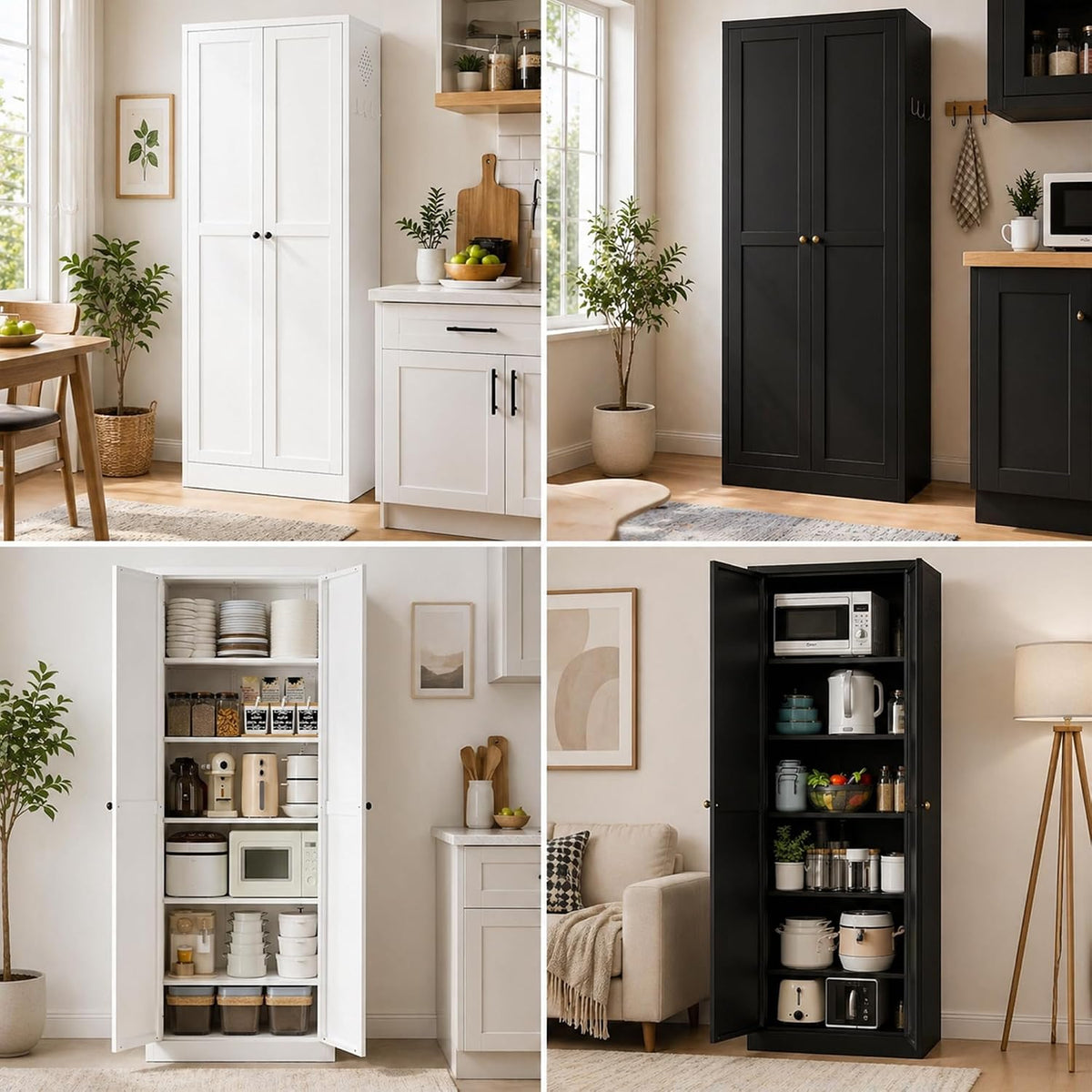 AQY Kitchen Pantry Cabinet,61" White Pantry Storage Cabinet with 4 Tier Adjustable Shelves and 2 Doors,Freestanding Cupboard,Metal Pantry Cabinets with Handle for Living Room Kitchen Assembly Required