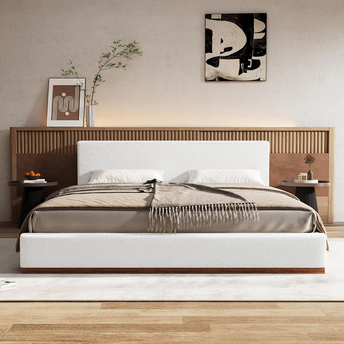 Christopher Knight Home Bettine Modern Boucle Queen Size Bed Frame with Headboard, Solid Wood Queen Bed Frame, Slat Panel Support Platform Bed, No Spring Box Needed, Heavy Duty, White+Brown
