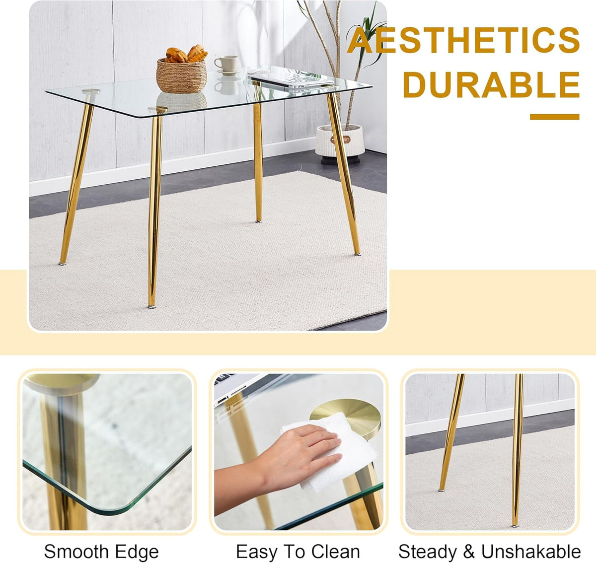 Baysitone 51 inch Glass Dining Table Set for 6, Dining Table & Chair Sets with Gold Metal Legs for Kitchen, Modern Rectangle Tempered Glass Table Top&Transparent Plastic Dining Chair for Dining Room