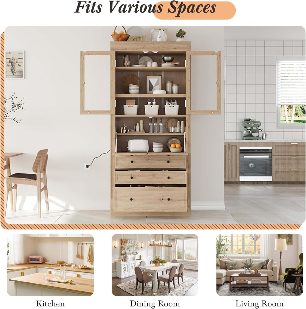 78” Kitchen Cabinet Pantry, Food Storage Cabinet with 3 Drawers, Adjustable Shelves & Power Outlet, Food Pantry for Kitchen Dining Room, Easy Assembly (Natural)