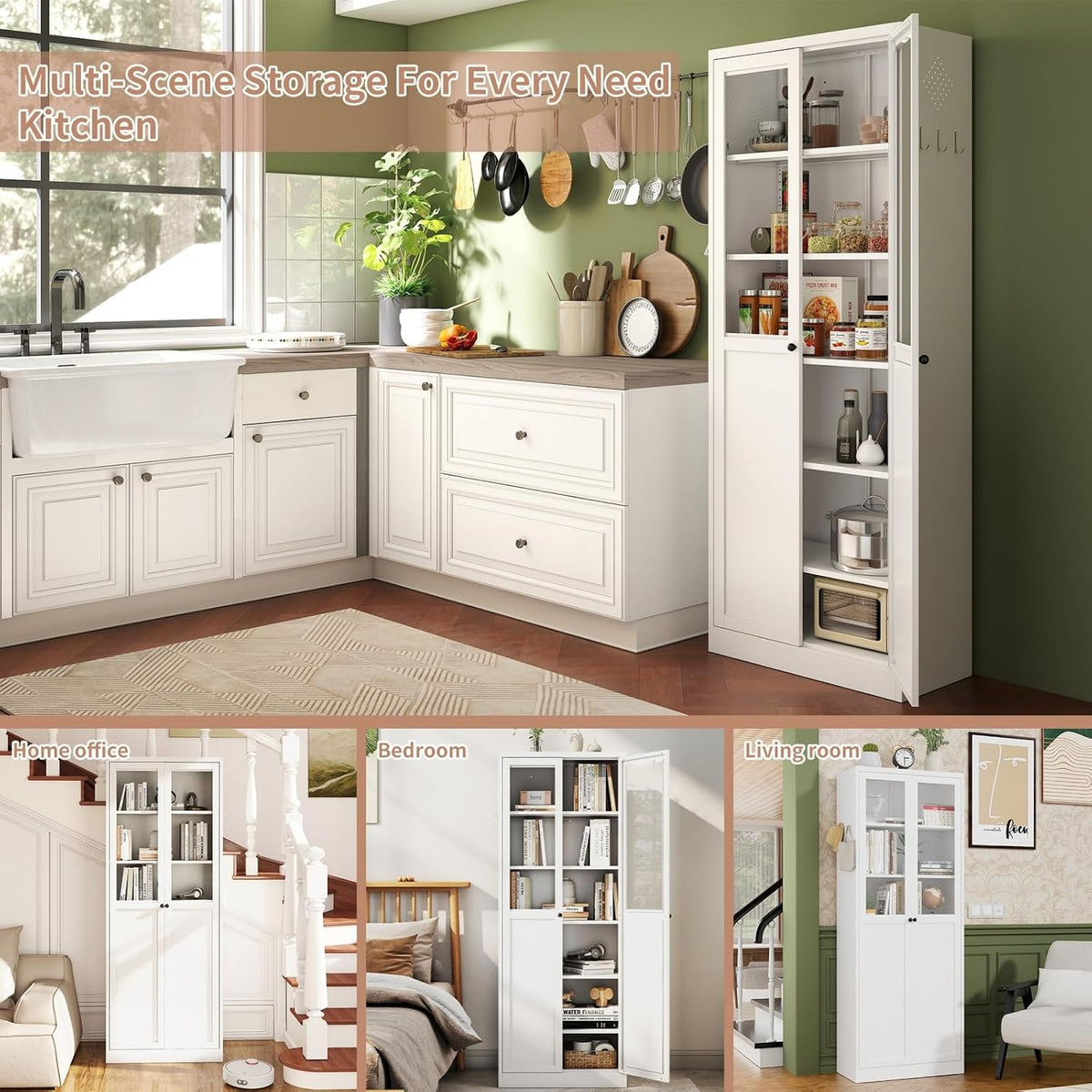 34.6" White Metal Pantry Cabinet with Adjustable Shelves, Freestanding Kitchen Storage Cabinet with Magnetic Doors, for Small Kitchen Dining Room Apartment, 27.6x13.8x34.6 Inches