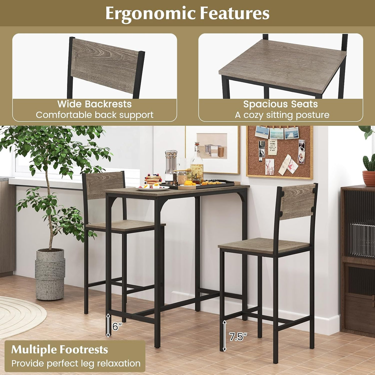 GOFLAME 3-Piece Bar Table Set, Counter Height Pub Table & 2 Barstools with Metal Frame, Industrial Space Saving Dining Set for Kitchen, Dining Room, Bistro, Restaurant, Small Space, Grey