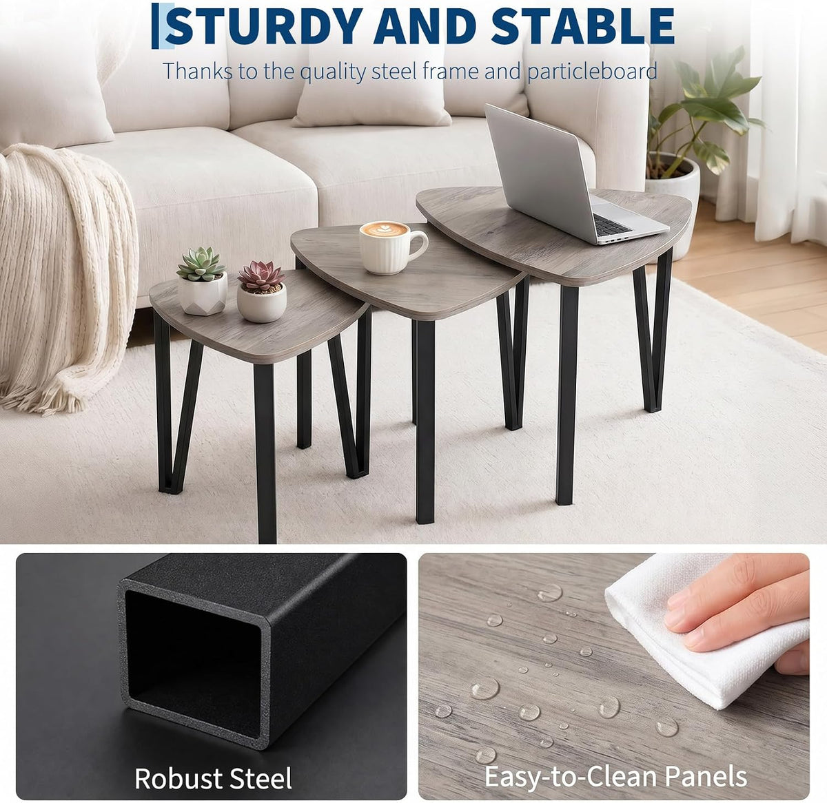 Nesting Coffee Tables Set of 3,Triangle Rustic Industrial Side End Tables for Home