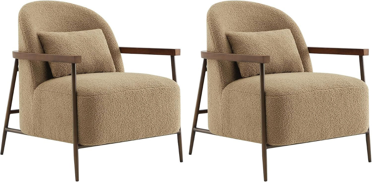 CHITA Accent Chair Set of 2, Sherpa Armchair with Wooden Armrest, Camel | Metal Frame, FSC Certified Living Room Chair for Bedroom, Office, Premium Resilient Foam, 31.9"x27.2"x32.1", 350 Lbs Capacity