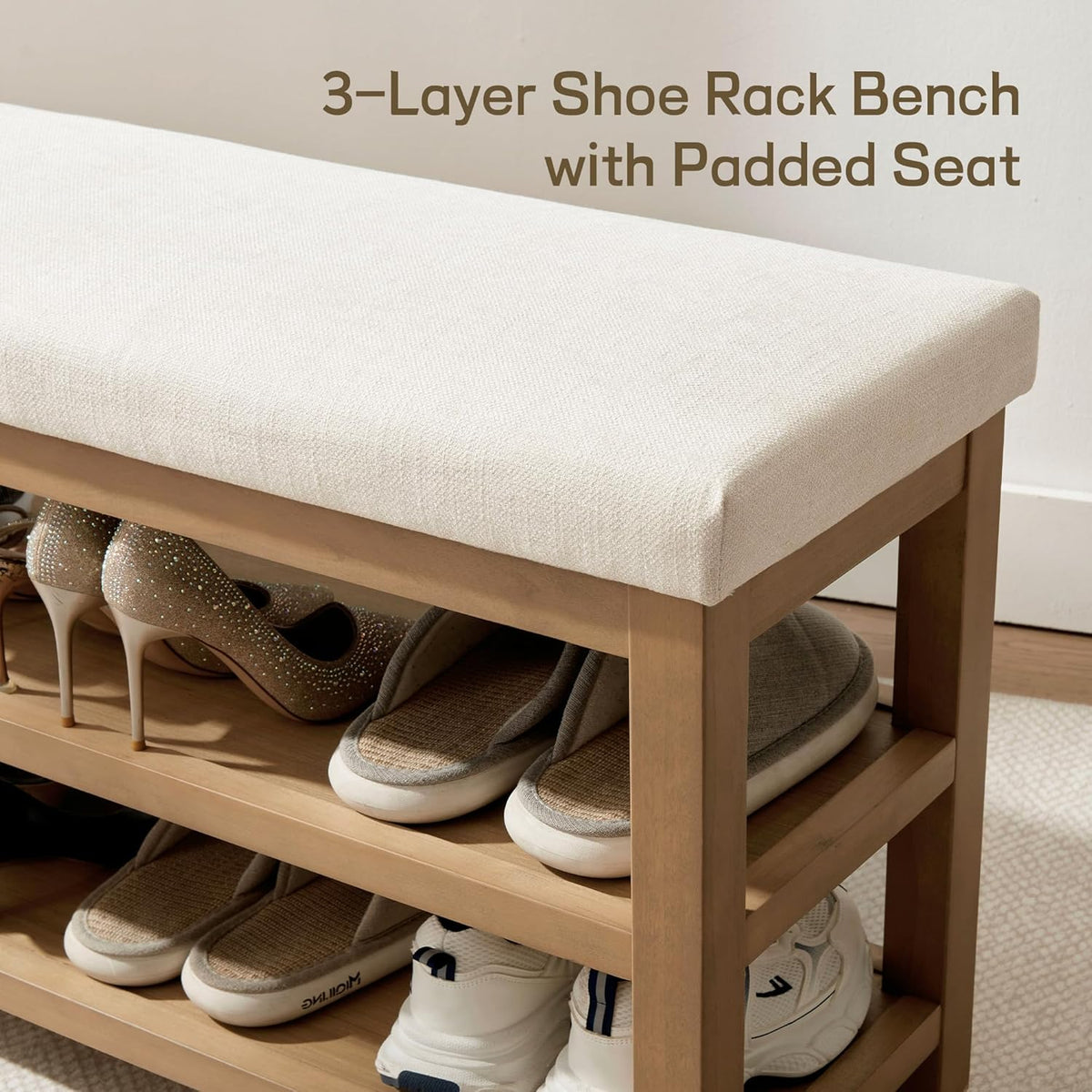 Zihanhome 2 Tier Shoe Rack Bench with Cushion, Solid Wood Shoe Benches, Mid-Century Modern Shoe Storage Bench for Entryway, Hallway, Living Room, Closet, Front Door Entrance, (Beige, 39.4")