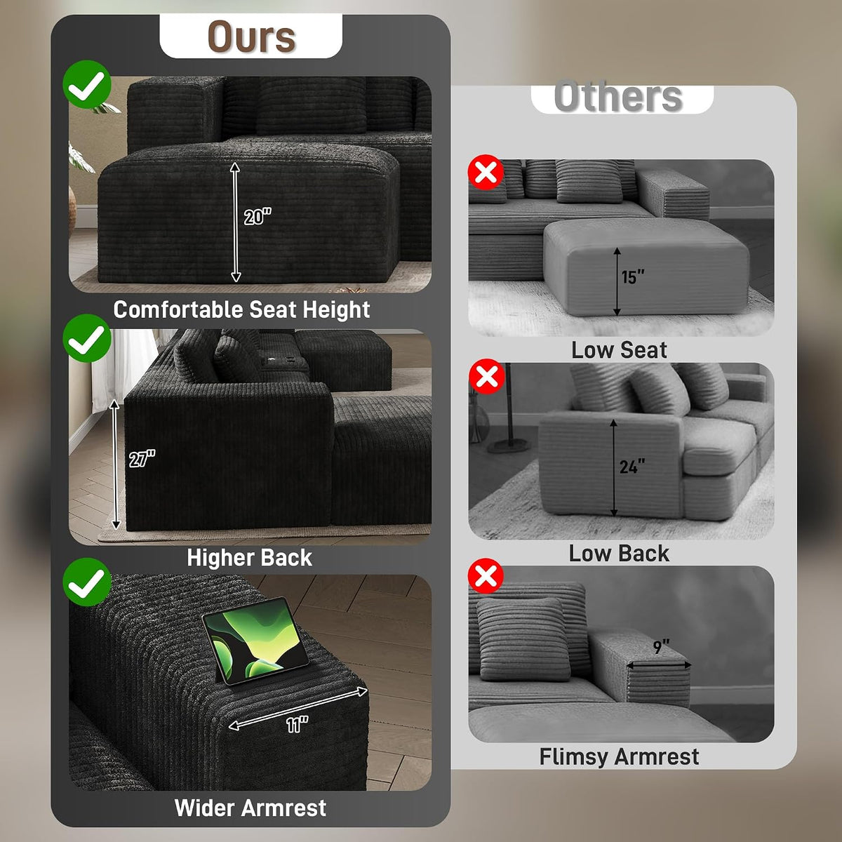 151" U Shaped Cloud Sectional Couch Modular Sofa, Comfy Oversized Couches for Living Room, Plush Corduroy Sectional Sofa Set with Ottoman Storage Console USB, Olive Dark Gray