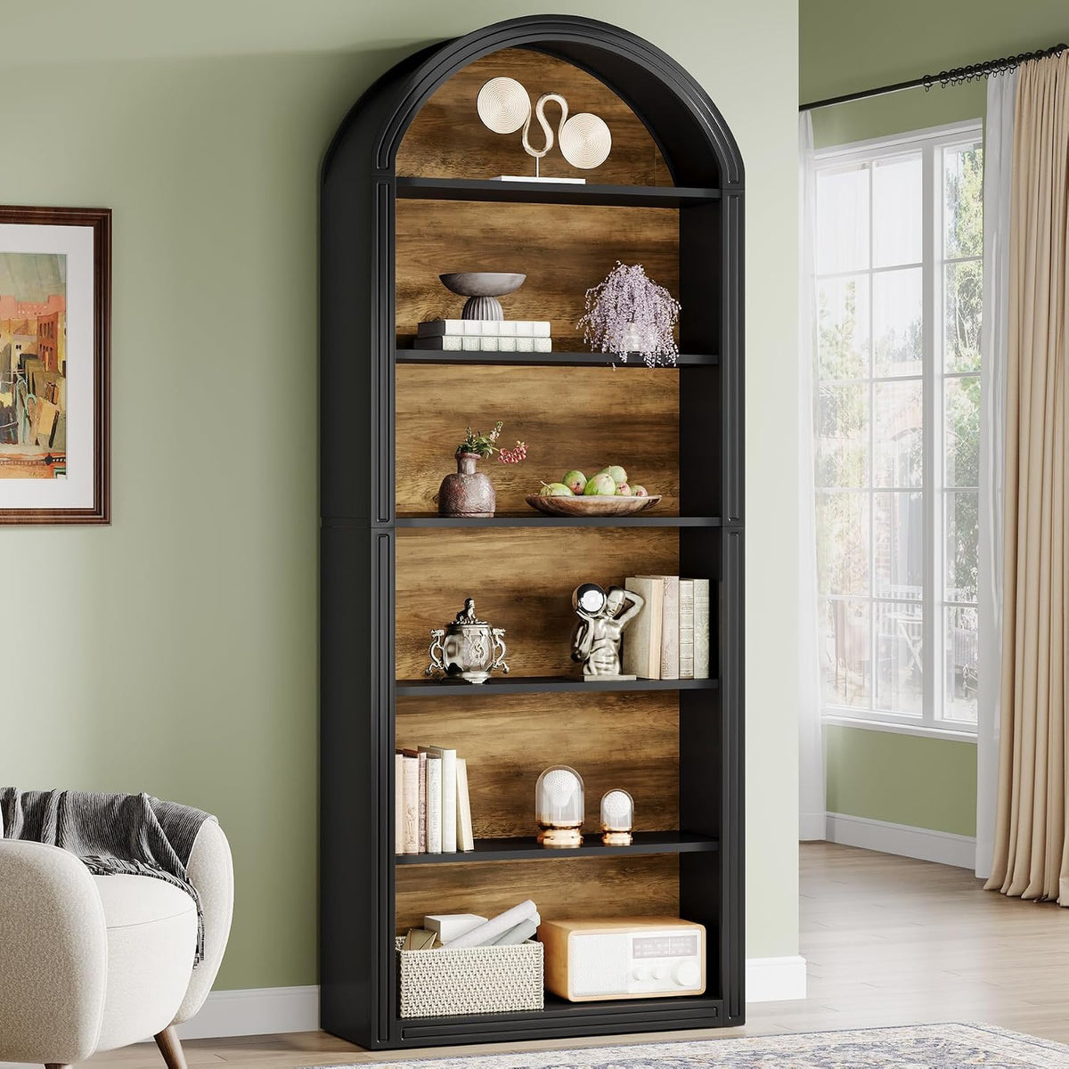 Tribesigns 6-Tier Black Arched Bookshelf, 77.16" Tall Arched Bookcase with Storage Shelves, Floor Standing Open Display Shelving Unit for Living Room, Bedroom, Home Office