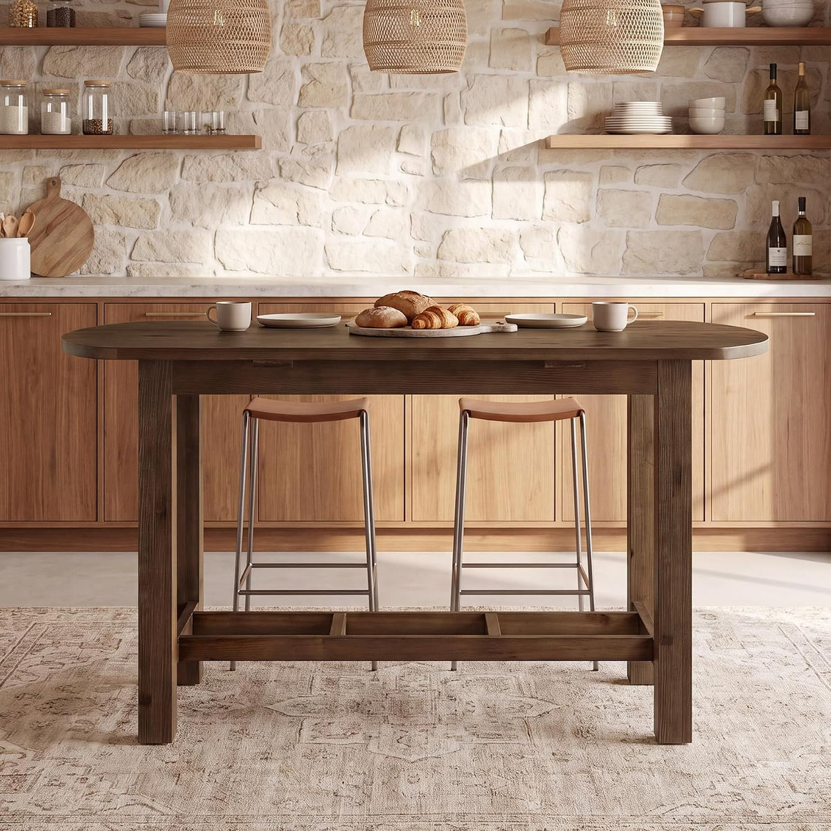 63" Solid Wood Kitchen Island, Island Table with Oval Tabletop | Farmhouse Wooden Stationary Island Table for Kitchen, Living Room, Dining Room, Easy Assembly, 39.37" Height, Vintage Brown