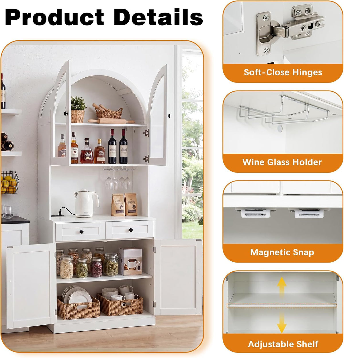 75" Farmhouse Tall Arched Pantry Cabinet with Charging Station, White | Adjustable Shelves, Open Countertop, Barn Door Lower Cabinet, Tempered Glass Display – Versatile Storage for Kitchen