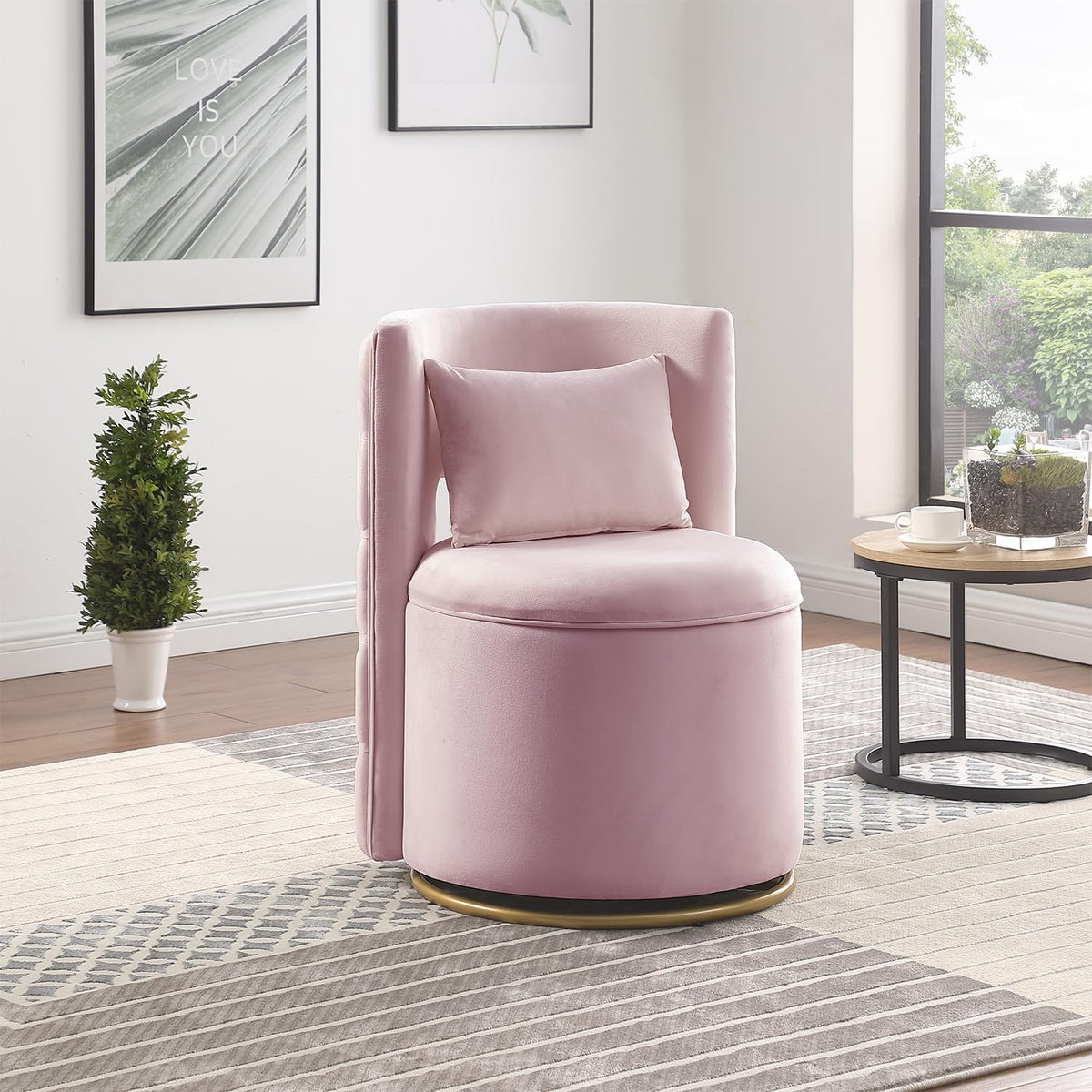 Swivel Chair with Storage for Living Room, Round Velvet Vanity Chair with Tufted Button Back, Pillow Included (Pink)