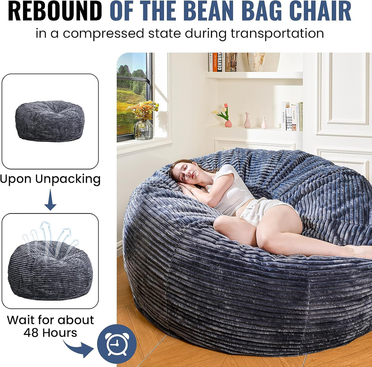 6FT Bean Bag Chair for Adults, Giant Beanbag with Shredded Memory Foam Filling, Premium Corduroy Cover Oversized Floor Lounger, Comfy Sofa Chair for Bedroom, Living Room & Dorm (Grey)